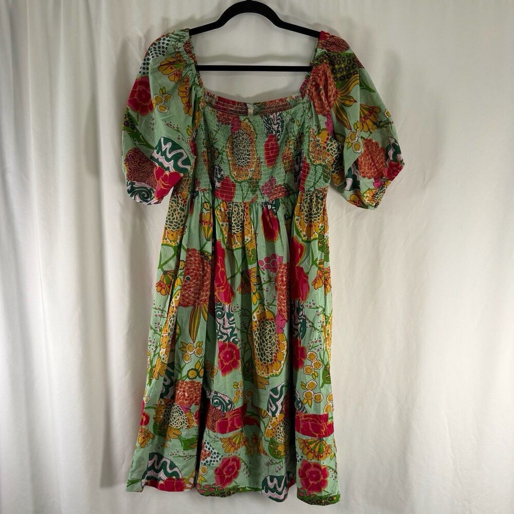 Uncle Frank Dress Women Medium Green Pink Floral Smocked Square Neck Knee Length
